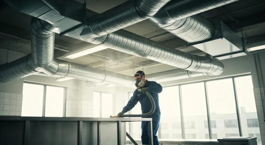 Technician cleaning air ducts in a commercial building, highlighting the importance of air quality maintenance