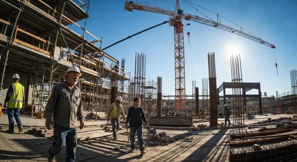 Commercial construction site with workers and cranes illustrating the challenges in the industry