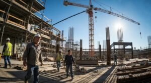 Commercial construction site with workers and cranes illustrating the challenges in the industry