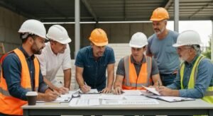 Construction workers collaborating on budget management at a construction site