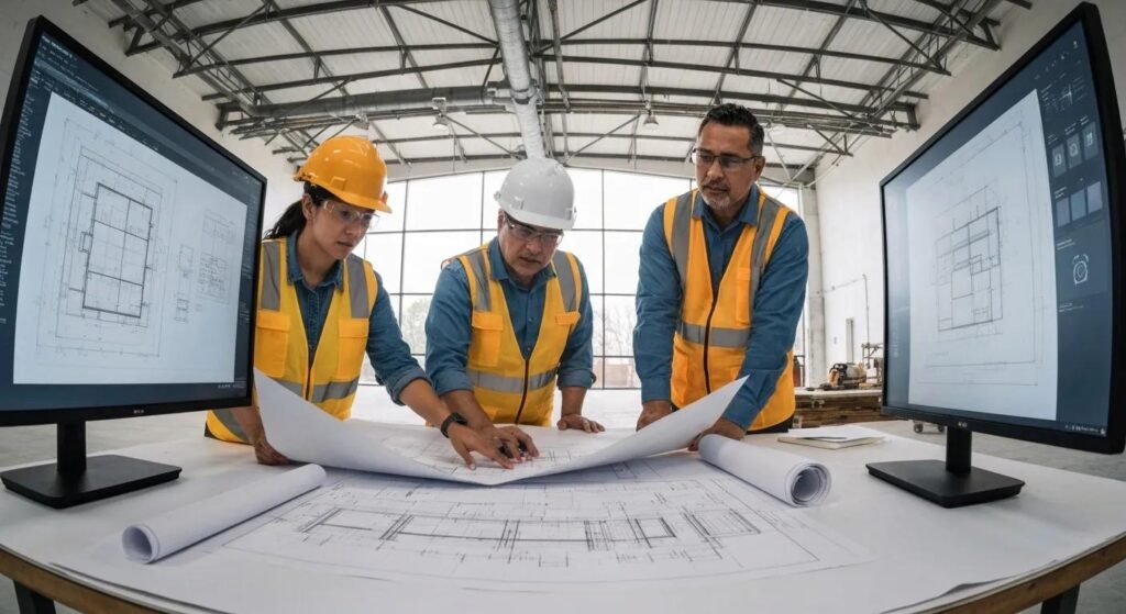 Construction team collaborating on pre-construction planning with blueprints and digital tools