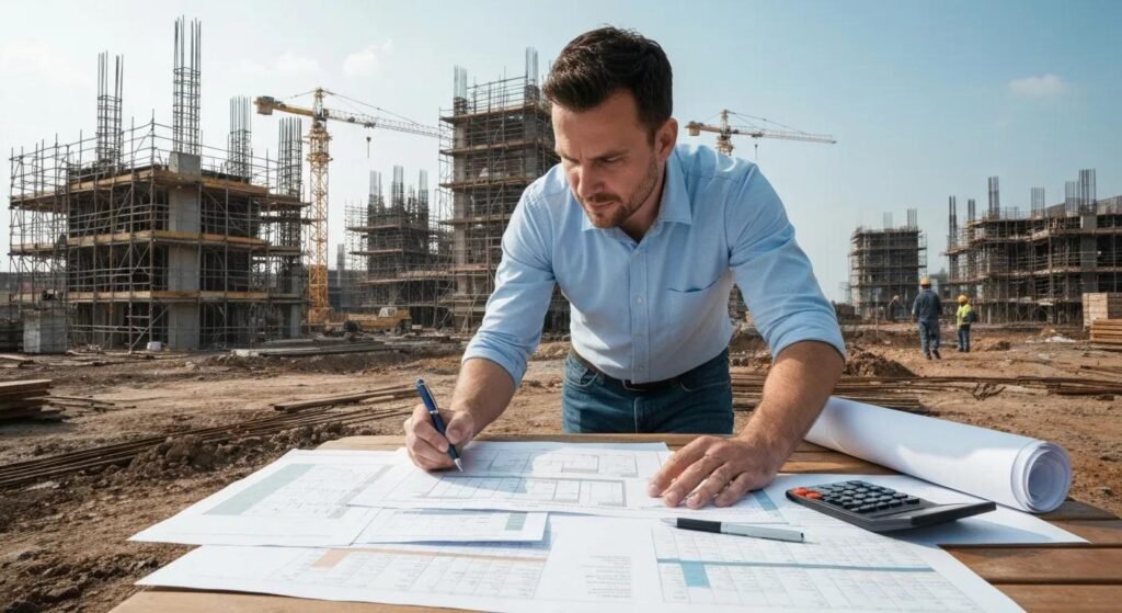 Construction manager analyzing budget plans on-site to manage cost overruns