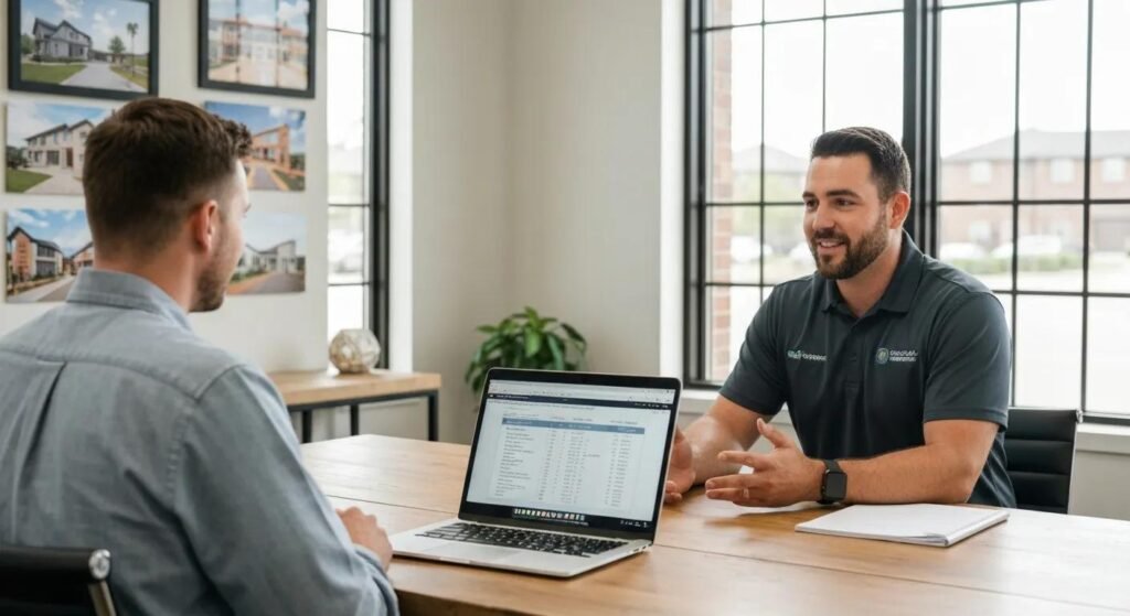 Local contractor consulting with a client about construction budgeting in Houston