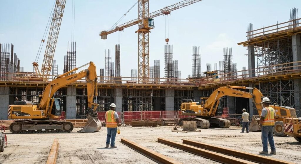 Commercial construction site in Houston with workers and machinery