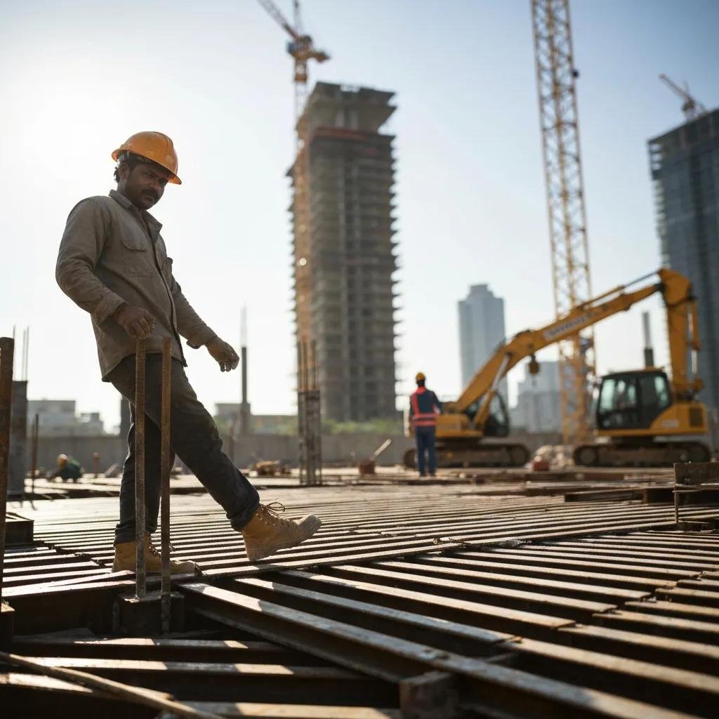 Building inspector reviewing plans on-site to ensure regulatory compliance in construction