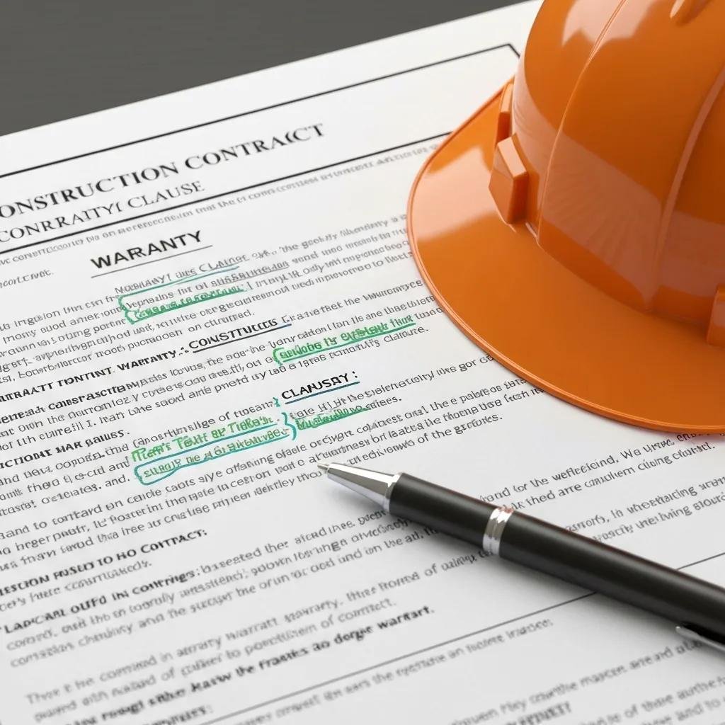 Close-up of a construction contract with highlighted warranty clauses, emphasizing the importance of contract review