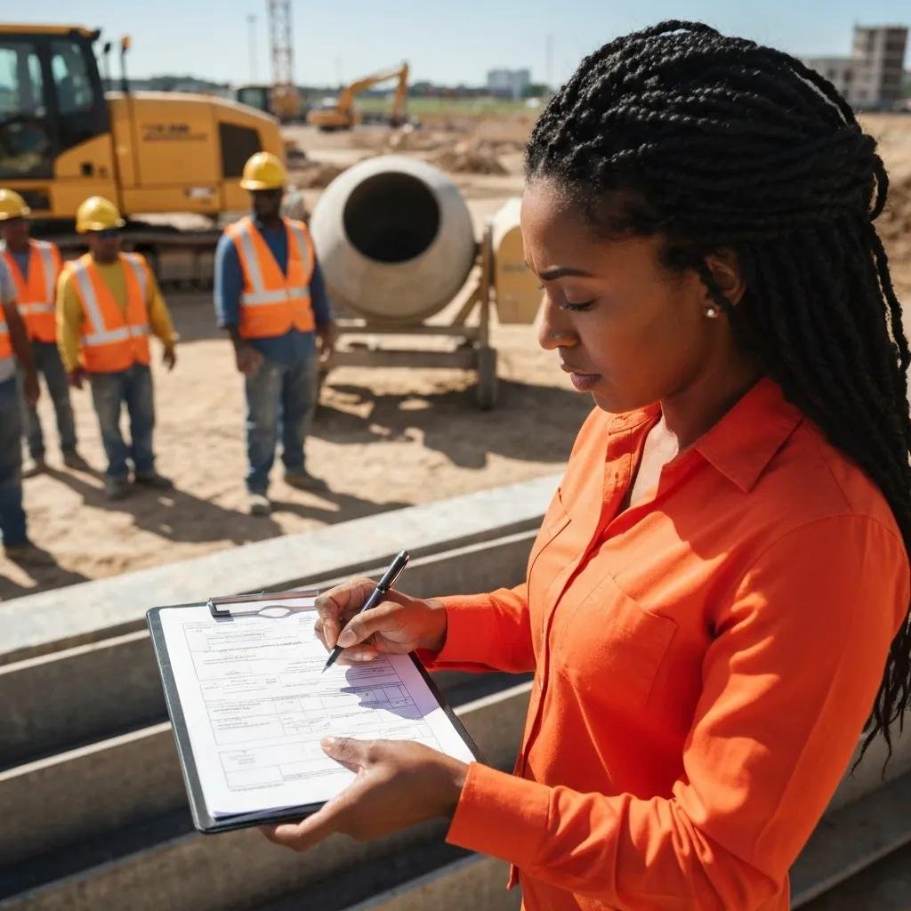Construction manager reviewing licenses and certifications at a construction site