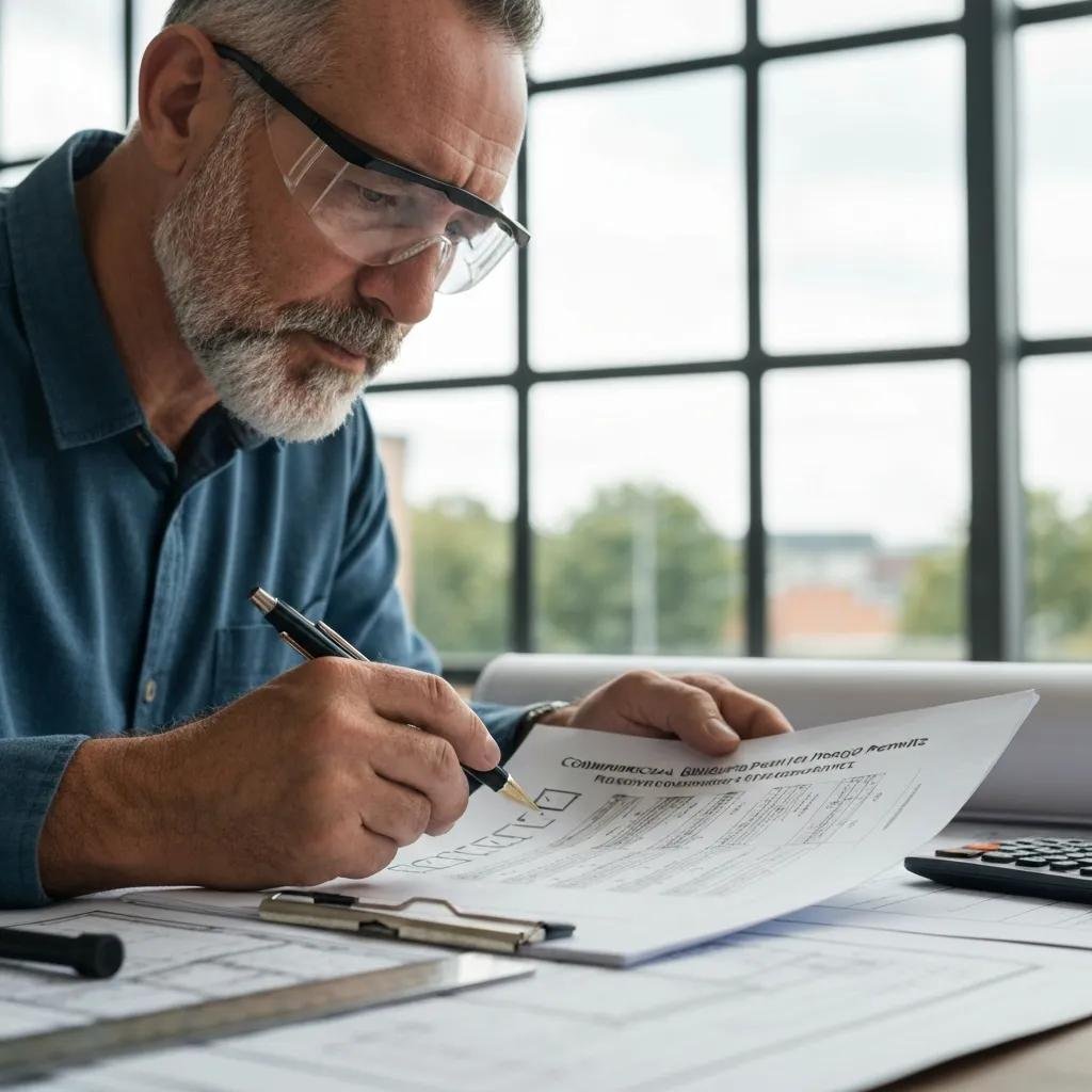 Construction professional reviewing a checklist of commercial building permit requirements with plans and tools