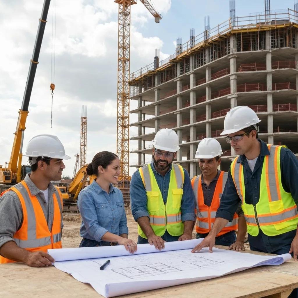 Construction professionals collaborating on project plans at a construction site