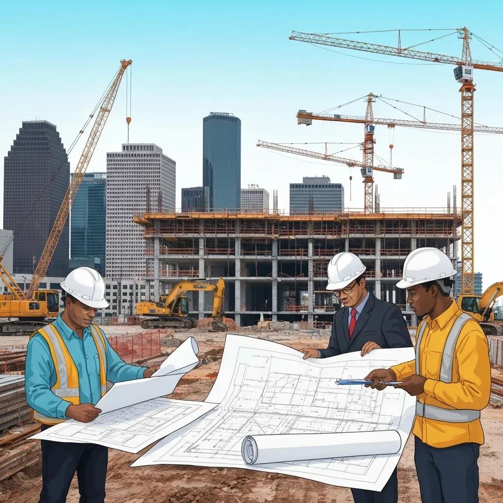 Construction site in Houston with workers reviewing blueprints and a commercial building under construction