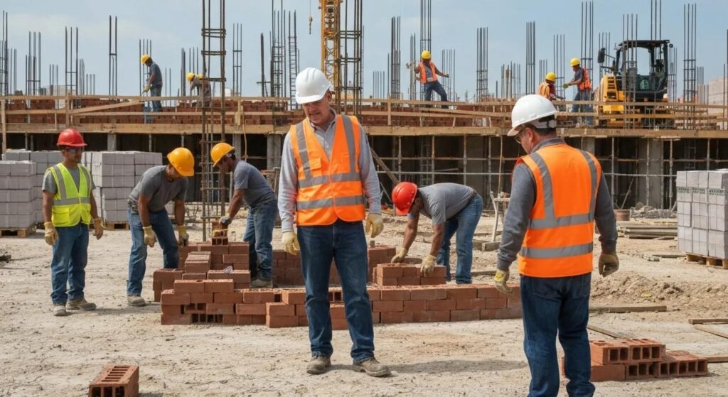 Construction workers executing building tasks, showcasing teamwork and project management