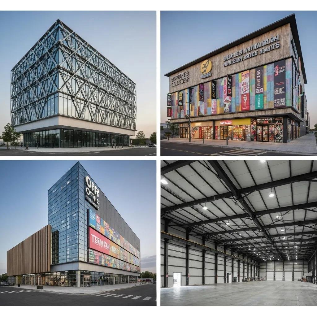 Diverse commercial construction projects showcasing different architectural styles