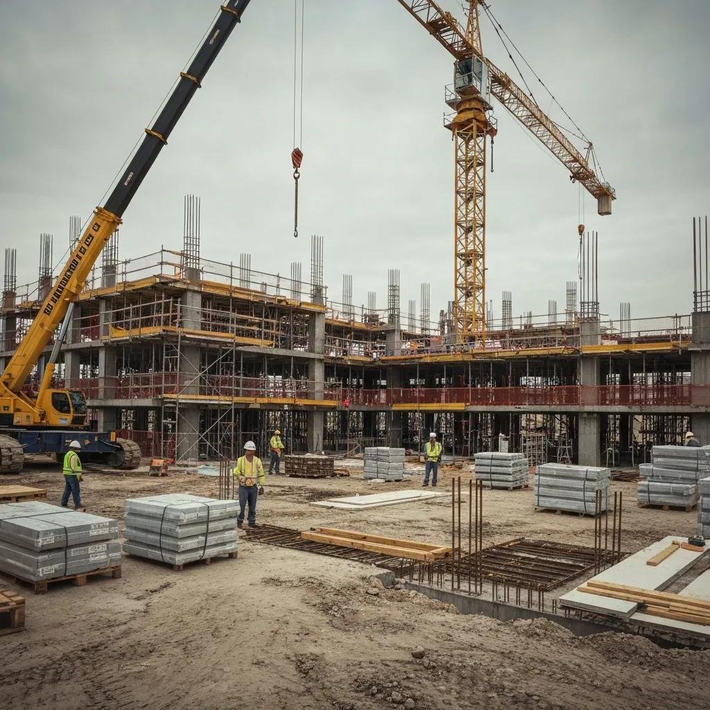 Dynamic commercial construction site with workers and equipment illustrating project timelines