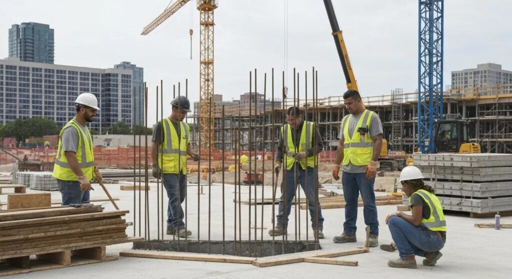 Construction workers collaborating on a commercial project, emphasizing teamwork and quality assurance in construction