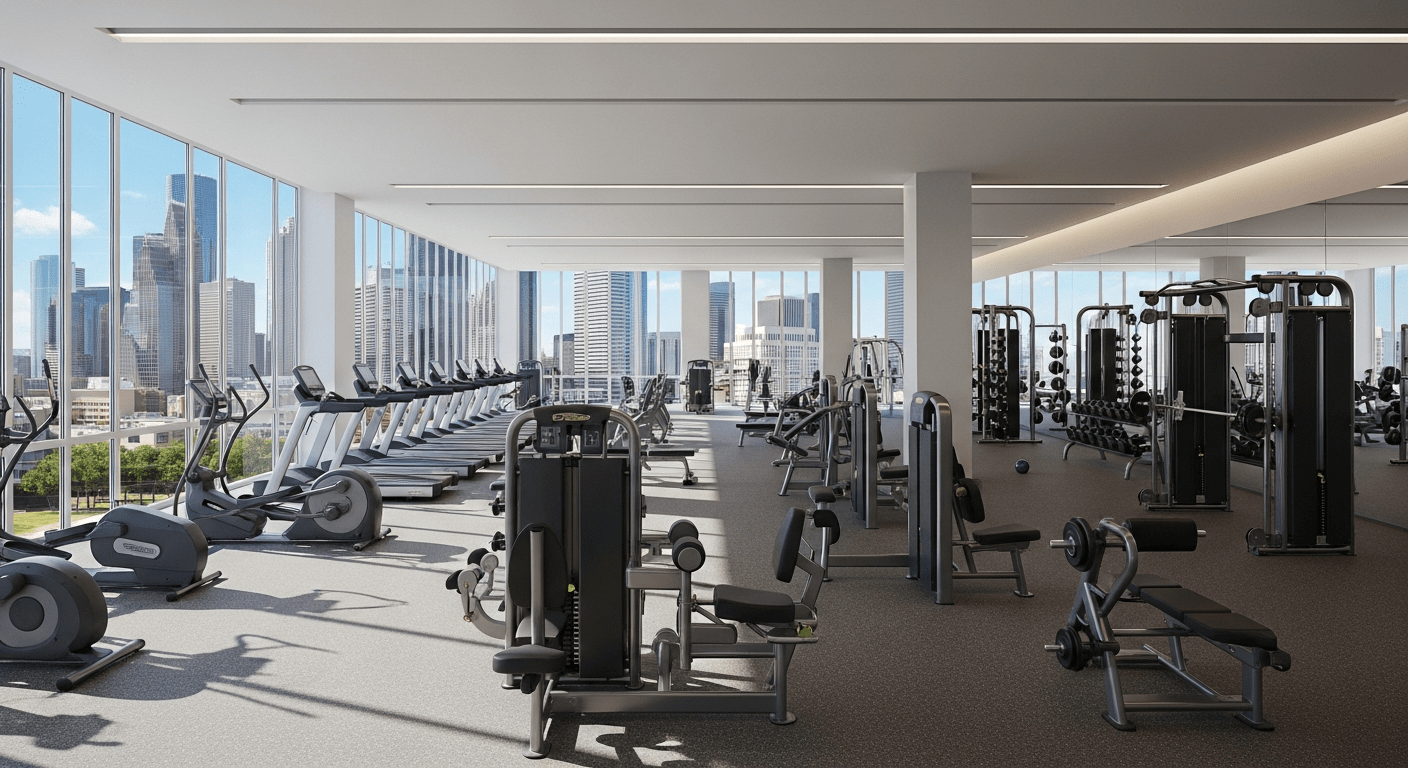 modern gym with Houston skyline