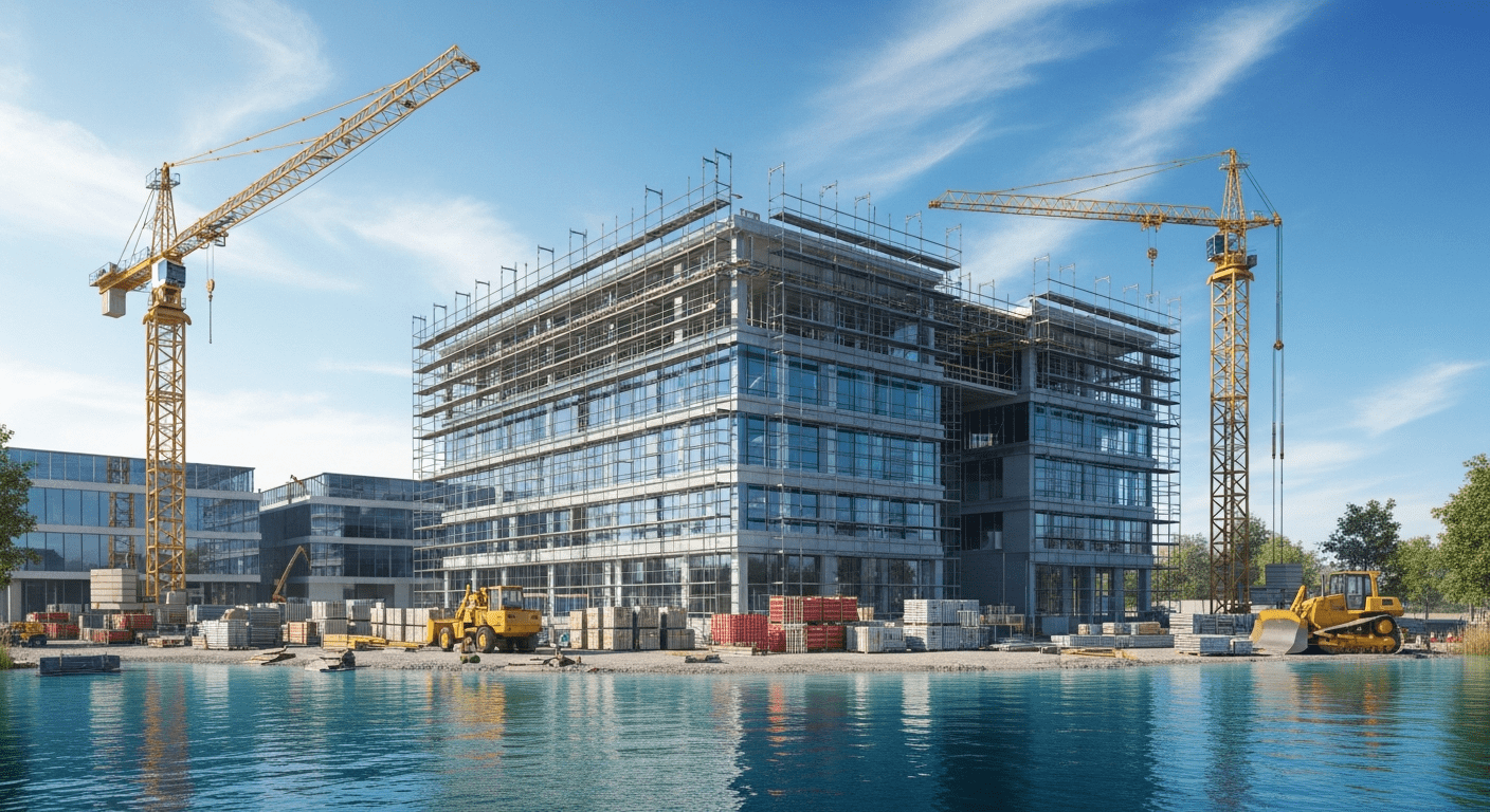 Modern commercial building near lake