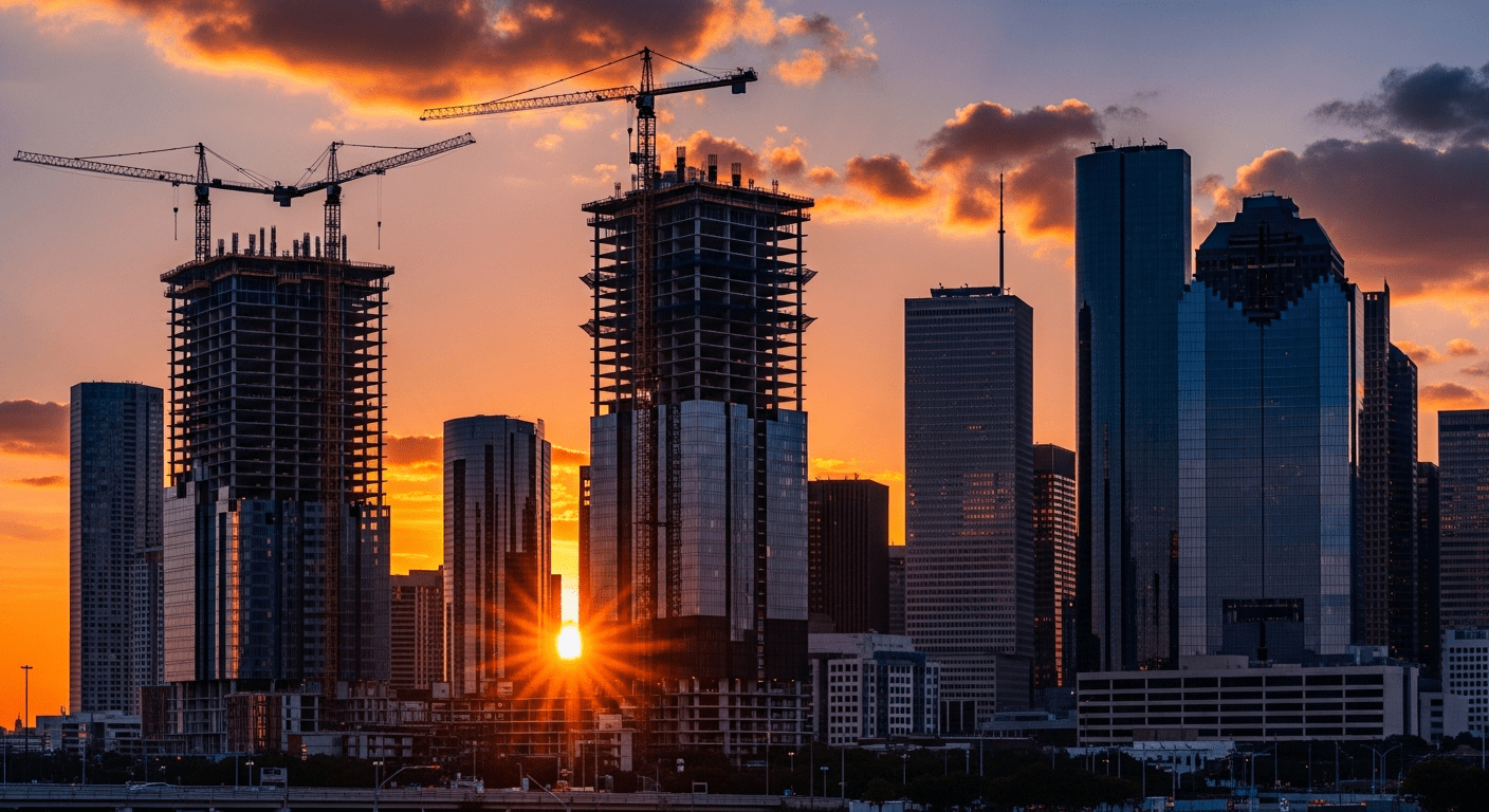 Houston skyline with construction cranes